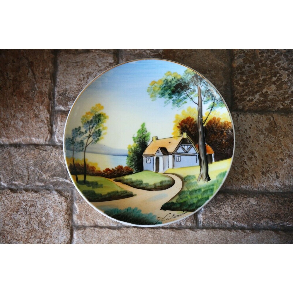 Vintage Hitomi Hand Painted Signed Collectors Landscape Wall Plate 8" Japan